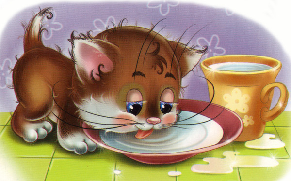 Котенок кушает рисунок